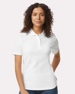 Gildan 64800L Women’s Softstyle® Pique Polo – White (on model)