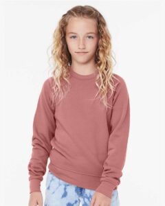 BELLA + CANVAS 3901Y Youth Sponge Fleece Crewneck Sweatshirt – Mauve (on model)