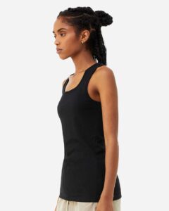 BELLA + CANVAS 1081 Women’s Micro Rib Tank – Solid Black Blend (on model side)