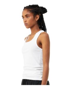 BELLA + CANVAS 1081 Women’s Micro Rib Tank – Solid White Blend (on model side)