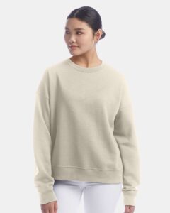 Champion SL650 Women’s Powerblend® Crewneck Sweatshirt – Sand (on model)