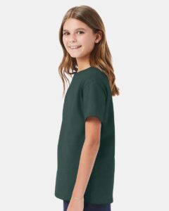 Hanes 5480 Youth Essential-T T-Shirt – Athletic Dark Green (on model side)