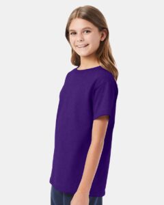 Hanes 5480 Youth Essential-T T-Shirt – Athletic Purple (on model side)