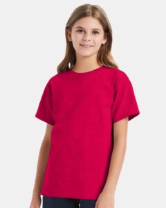 Hanes 5480 Youth Essential-T T-Shirt – Athletic Crimson (on model)