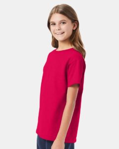 Hanes 5480 Youth Essential-T T-Shirt – Athletic Crimson (on model side)