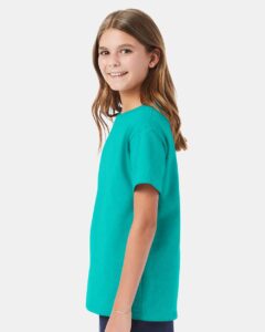 Hanes 5480 Youth Essential-T T-Shirt – Athletic Teal (on model side)