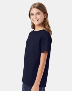 Hanes 5480 Youth Essential-T T-Shirt – Athletic Navy (on model side)