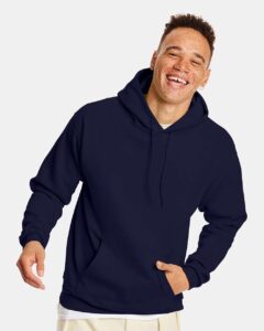 Hanes P170 Unisex EcoSmart® Hooded Sweatshirt – Athletic Navy (on model)
