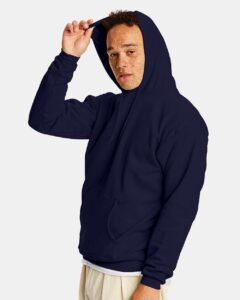 Hanes P170 Unisex EcoSmart® Hooded Sweatshirt – Athletic Navy (on model side)