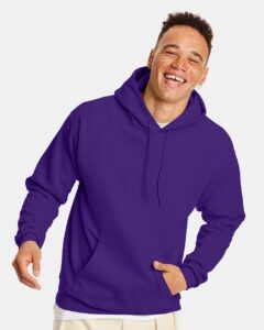 Hanes P170 Unisex EcoSmart® Hooded Sweatshirt – Athletic Purple (on model)