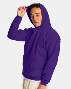 Hanes P170 Unisex EcoSmart® Hooded Sweatshirt – Athletic Purple (on model side)