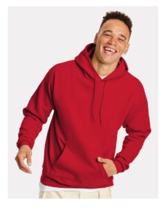 Hanes P170 Unisex EcoSmart® Hooded Sweatshirt – Athletic Crimson (on model)