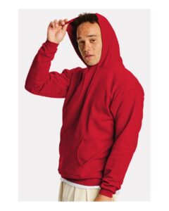 Hanes P170 Unisex EcoSmart® Hooded Sweatshirt – Athletic Crimson (on model side)