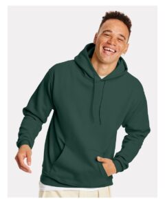 Hanes P170 Unisex EcoSmart® Hooded Sweatshirt – Athletic Dark Green (on model)