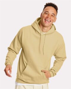 Hanes P170 Unisex EcoSmart® Hooded Sweatshirt – Athletic Gold (on model)