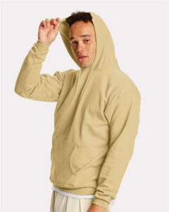 Hanes P170 Unisex EcoSmart® Hooded Sweatshirt – Athletic Gold (on model side)