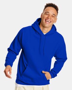 Hanes P170 Unisex EcoSmart® Hooded Sweatshirt – Athletic Royal (on model)