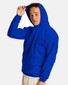 Hanes P170 Unisex EcoSmart® Hooded Sweatshirt – Athletic Royal (on model side)