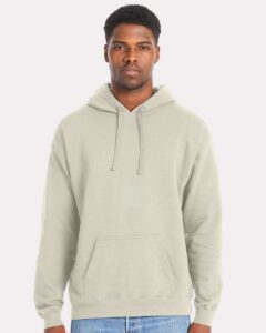 Hanes RS170 Unisex Perfect Sweats Hooded Sweatshirt – Sand (on model)