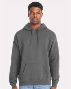 Hanes RS170 Unisex Perfect Sweats Hooded Sweatshirt – Smoke Grey (on model)
