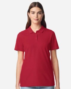 Gildan 64800L Women’s Softstyle® Pique Polo – Cherry Red (on model)
