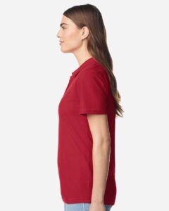 Gildan 64800L Women’s Softstyle® Pique Polo – Cherry Red (on model side)