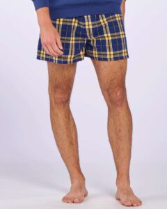 Boxercraft BM6701 Men’s Double Brushed Flannel Boxers – Navy/ Gold (on model)