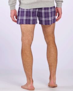 Boxercraft BM6701 Men’s Double Brushed Flannel Boxers – Purple/ White Plaid (on model back)