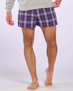 Boxercraft BM6701 Men’s Double Brushed Flannel Boxers – Purple/ White Plaid (on model)