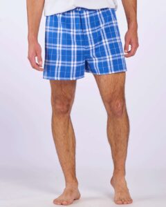 Boxercraft BM6701 Men’s Double Brushed Flannel Boxers – Royal/ Silver Plaid (on model)