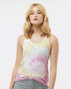 Colortone 3400 Women’s Tie-Dyed Racerback Tank Top – Desert Rose (on model)