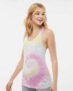Colortone 3400 Women’s Tie-Dyed Racerback Tank Top – Desert Rose (on model side)