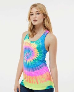 Colortone 3400 Women’s Tie-Dyed Racerback Tank Top – Neon Rainbow (on model side)