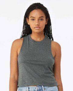 BELLA + CANVAS 6682 Women’s Racerback Crop Tank – Deep Heather (on model)