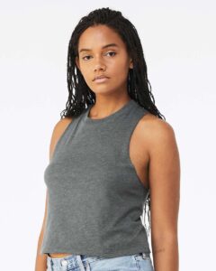 BELLA + CANVAS 6682 Women’s Racerback Crop Tank – Deep Heather (on model side)