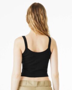 BELLA + CANVAS 1012 Women’s Micro Rib Spaghetti Strap Tank – Solid Black Blend (on model back)