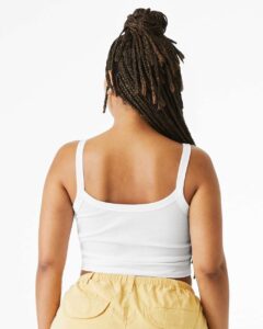 BELLA + CANVAS 1012 Women’s Micro Rib Spaghetti Strap Tank – Solid White Blend (on model back)