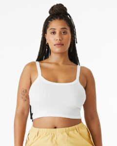 BELLA + CANVAS 1012 Women’s Micro Rib Spaghetti Strap Tank – Solid White Blend (on model)