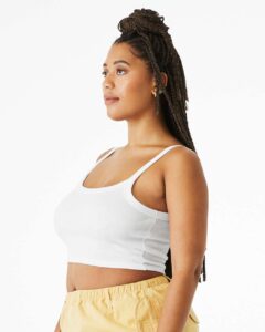BELLA + CANVAS 1012 Women’s Micro Rib Spaghetti Strap Tank – Solid White Blend (on model side)