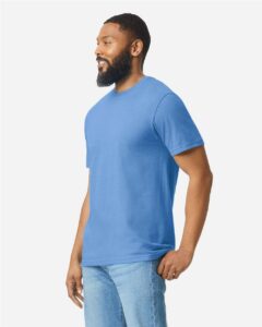 Gildan 64000CVC Unisex Softstyle® CVC T-Shirt – Carolina Blue Mist (on model side)