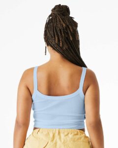 BELLA + CANVAS 1012 Women’s Micro Rib Spaghetti Strap Tank – Solid Baby Blue Blend (on model back)