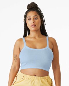 BELLA + CANVAS 1012 Women’s Micro Rib Spaghetti Strap Tank – Solid Baby Blue Blend (on model)