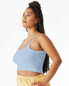 BELLA + CANVAS 1012 Women’s Micro Rib Spaghetti Strap Tank – Solid Baby Blue Blend (on model side)