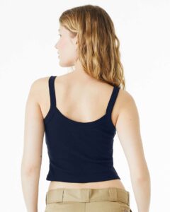 BELLA + CANVAS 1012 Women’s Micro Rib Spaghetti Strap Tank – Solid Navy Blend (on model back)