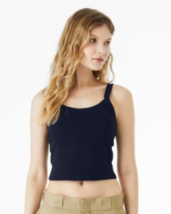 BELLA + CANVAS 1012 Women’s Micro Rib Spaghetti Strap Tank – Solid Navy Blend (on model)