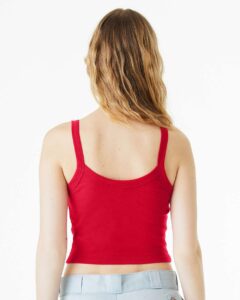 BELLA + CANVAS 1012 Women’s Micro Rib Spaghetti Strap Tank – Solid Red Blend (on model back)