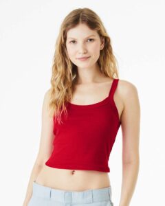 BELLA + CANVAS 1012 Women’s Micro Rib Spaghetti Strap Tank – Solid Red Blend (on model)