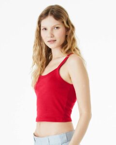 BELLA + CANVAS 1012 Women’s Micro Rib Spaghetti Strap Tank – Solid Red Blend (on model side)