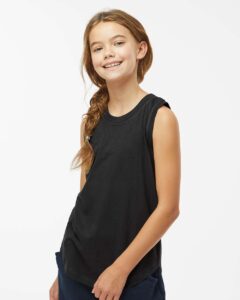 LAT 2692 Girls’ Relaxed Fine Jersey Tank – Black (on model)