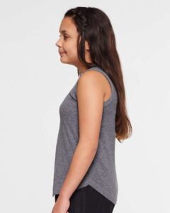 LAT 2692 Girls’ Relaxed Fine Jersey Tank – Granite Heather (on model side)